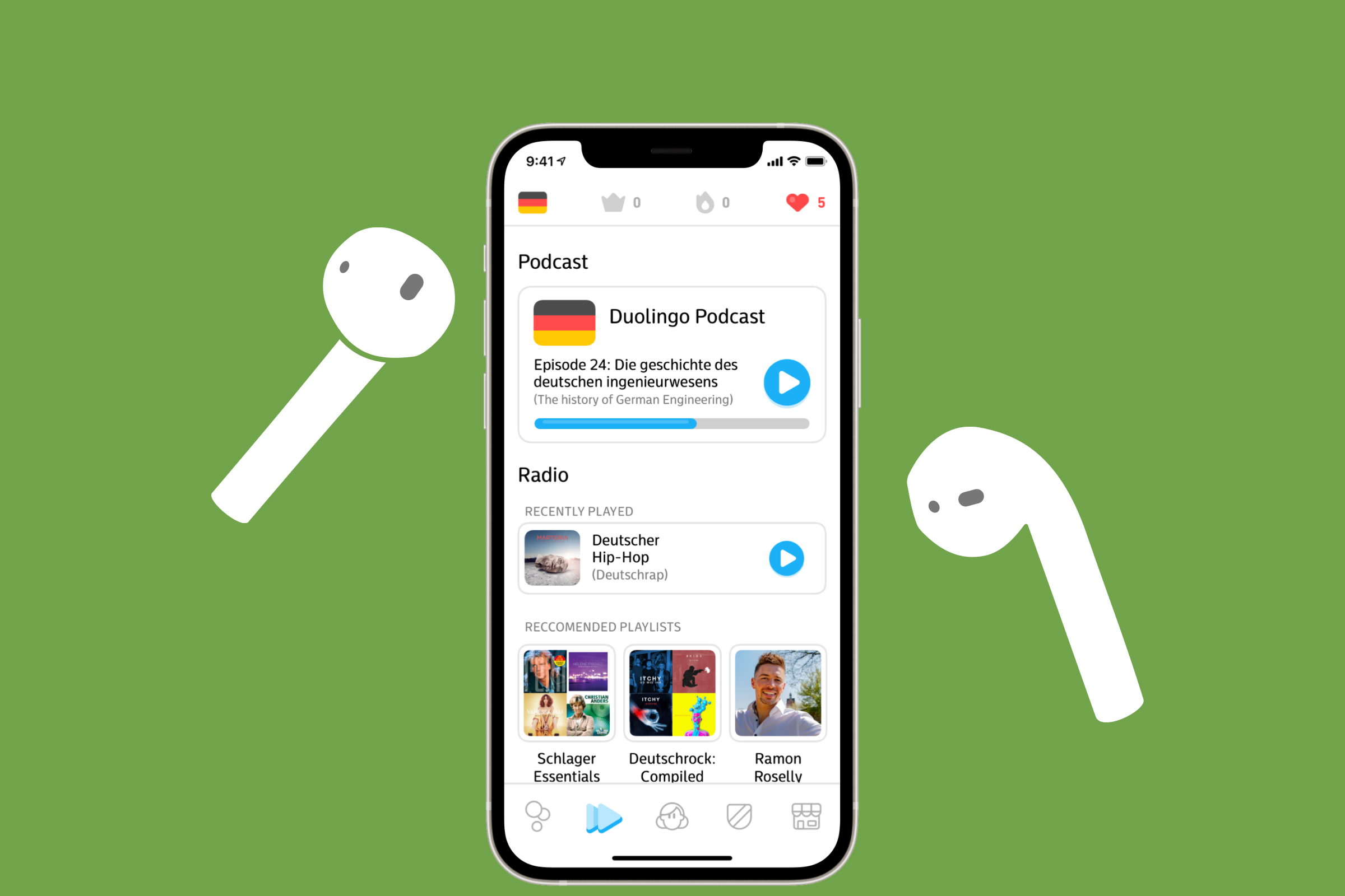 phone with Duolingo design with earbuds in the side